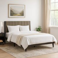 85 Inch Wood Queen Platform Bed, Channel Tufting, Taupe Brown Fabric - BM275055