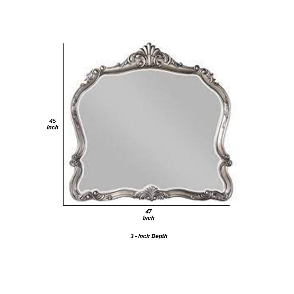 47 Inch Wall Mirror, Scalloped Carved Frame, Antique Silver - BM275058