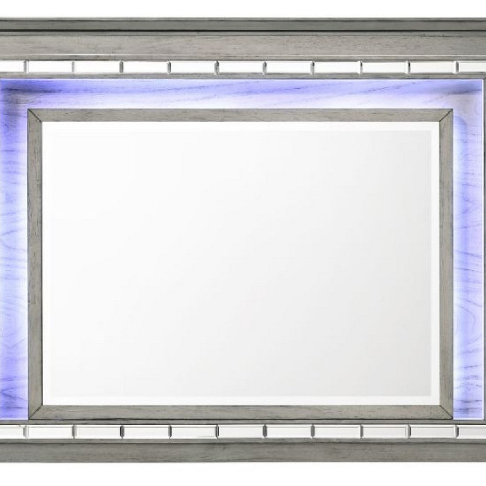 48 Inch Wood Mirror, LED, Mirrored Trim, Landscape, Light Gray - BM275063
