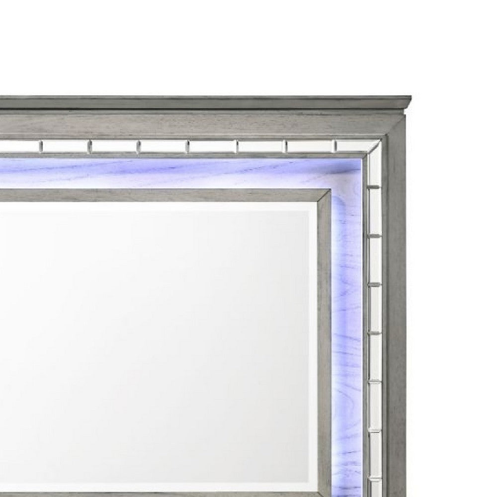 48 Inch Wood Mirror, LED, Mirrored Trim, Landscape, Light Gray - BM275063