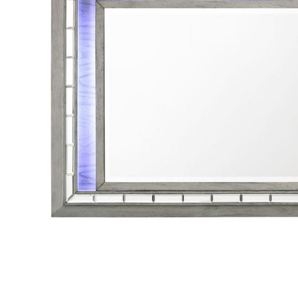 48 Inch Wood Mirror, LED, Mirrored Trim, Landscape, Light Gray - BM275063