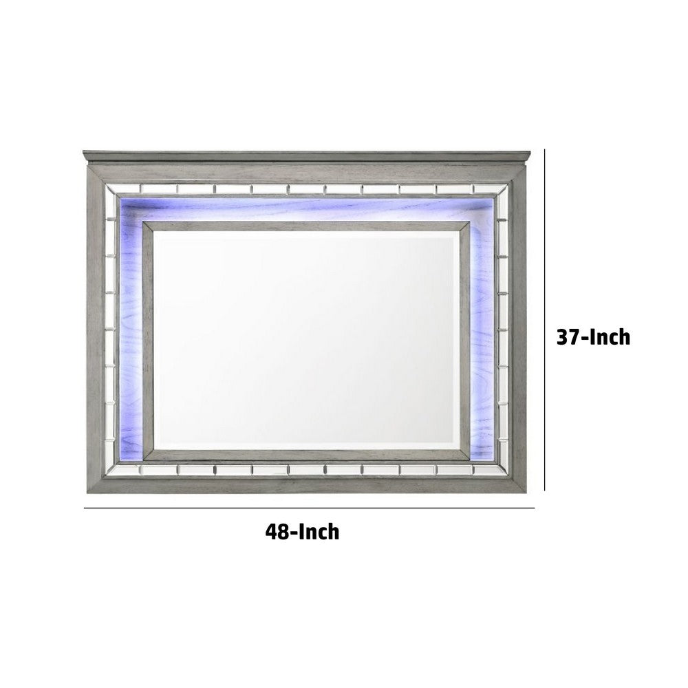 48 Inch Wood Mirror, LED, Mirrored Trim, Landscape, Light Gray - BM275063