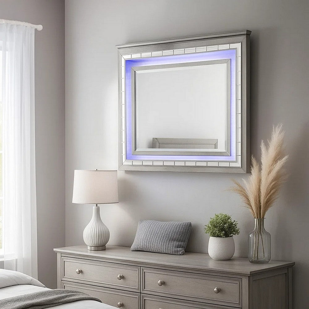 48 Inch Wood Mirror, LED, Mirrored Trim, Landscape, Light Gray - BM275063