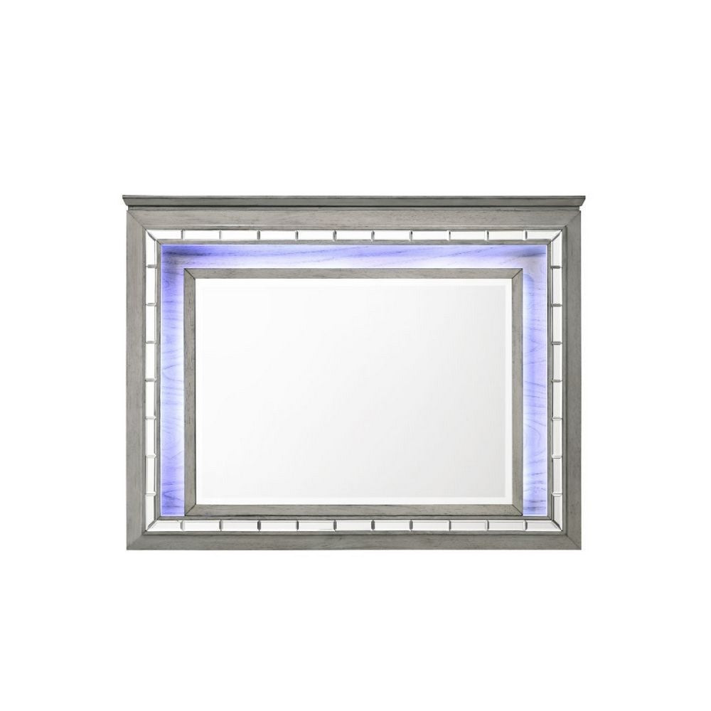 48 Inch Wood Mirror, LED, Mirrored Trim, Landscape, Light Gray - BM275063