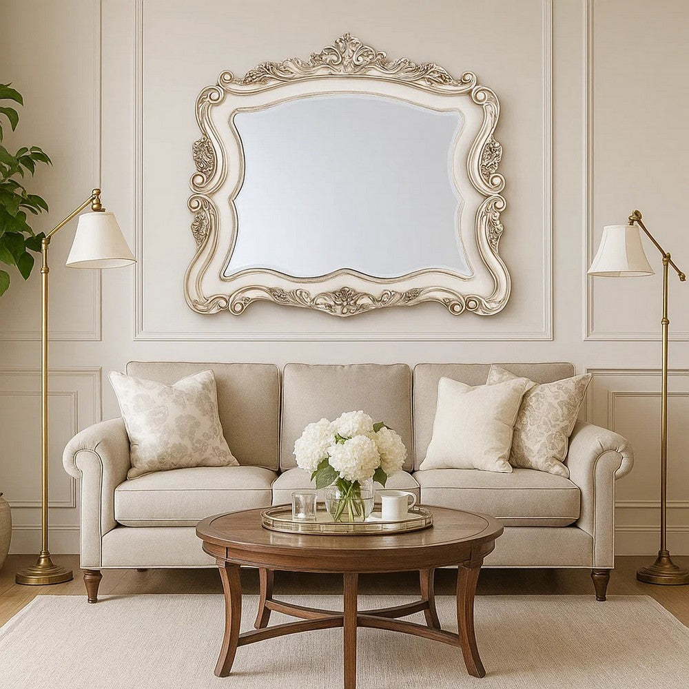 50 Inch Solid Wood Mirror, Scalloped, Scroll Ornate Trim, Antique White - BM275074