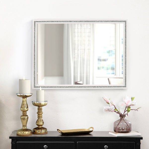 46 Inch Solid Wood Mirror, Shimmering Silver Accent, Landscape, White - BM275076