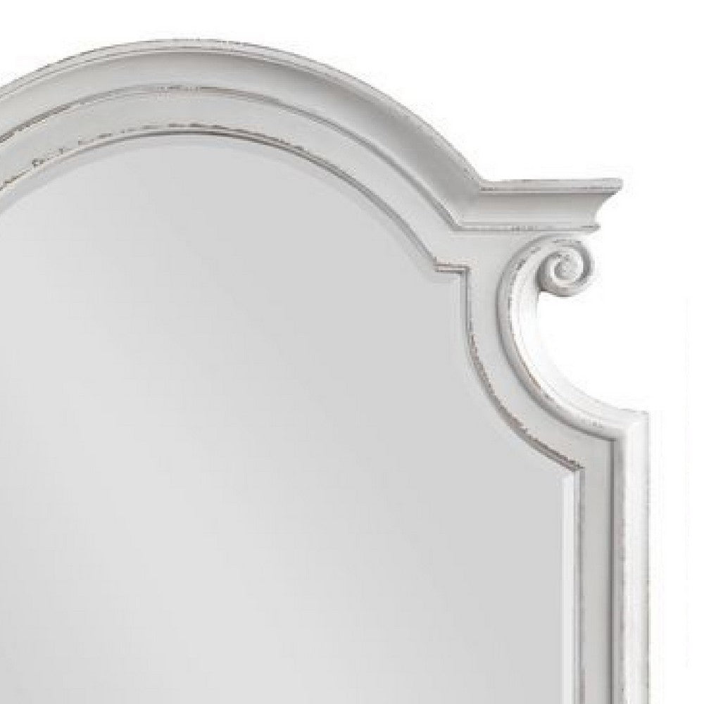 Fil 46 Inch Solid Wood Mirror, Arch Top, Scalloped, Antique White - BM275079