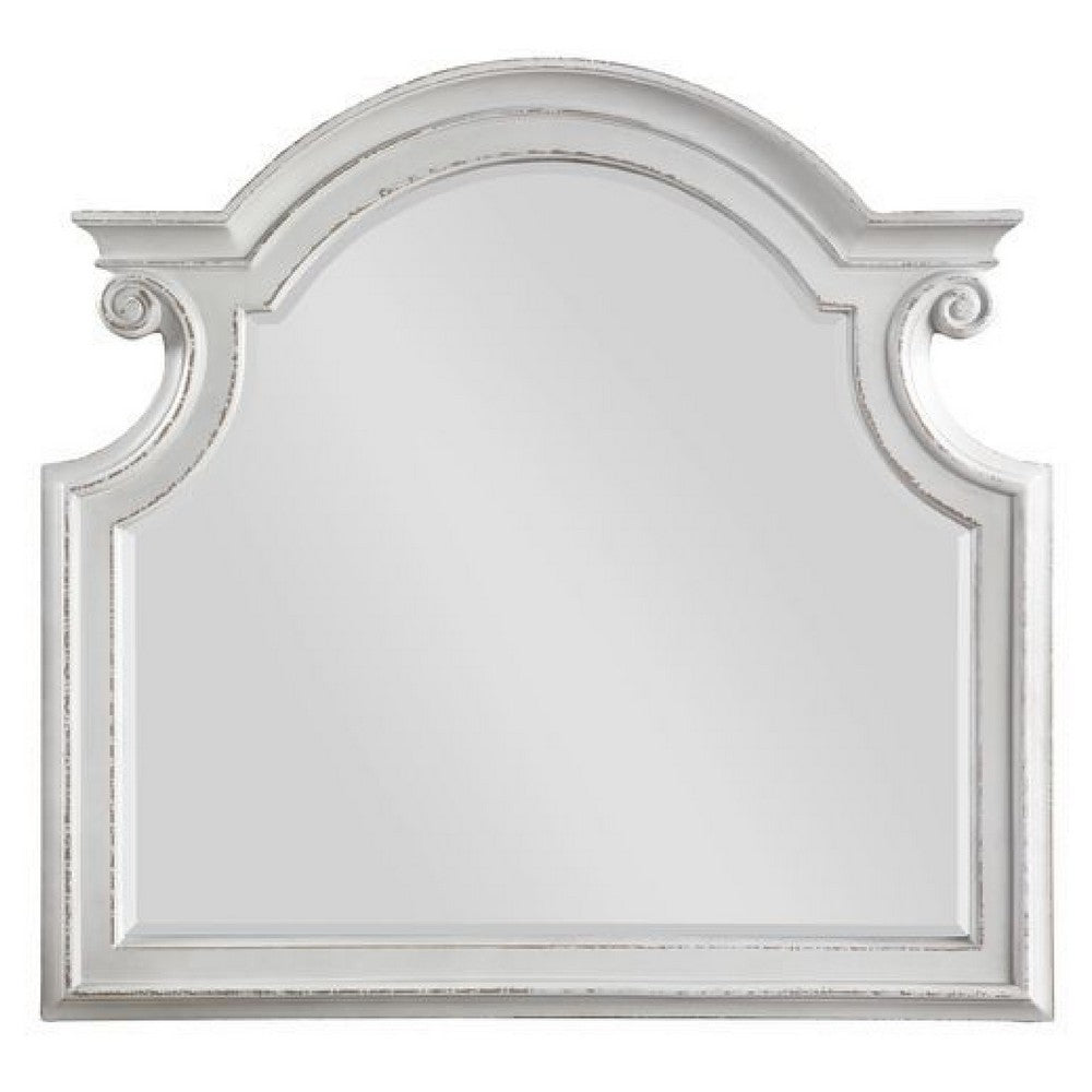 Fil 46 Inch Solid Wood Mirror, Arch Top, Scalloped, Antique White - BM275079