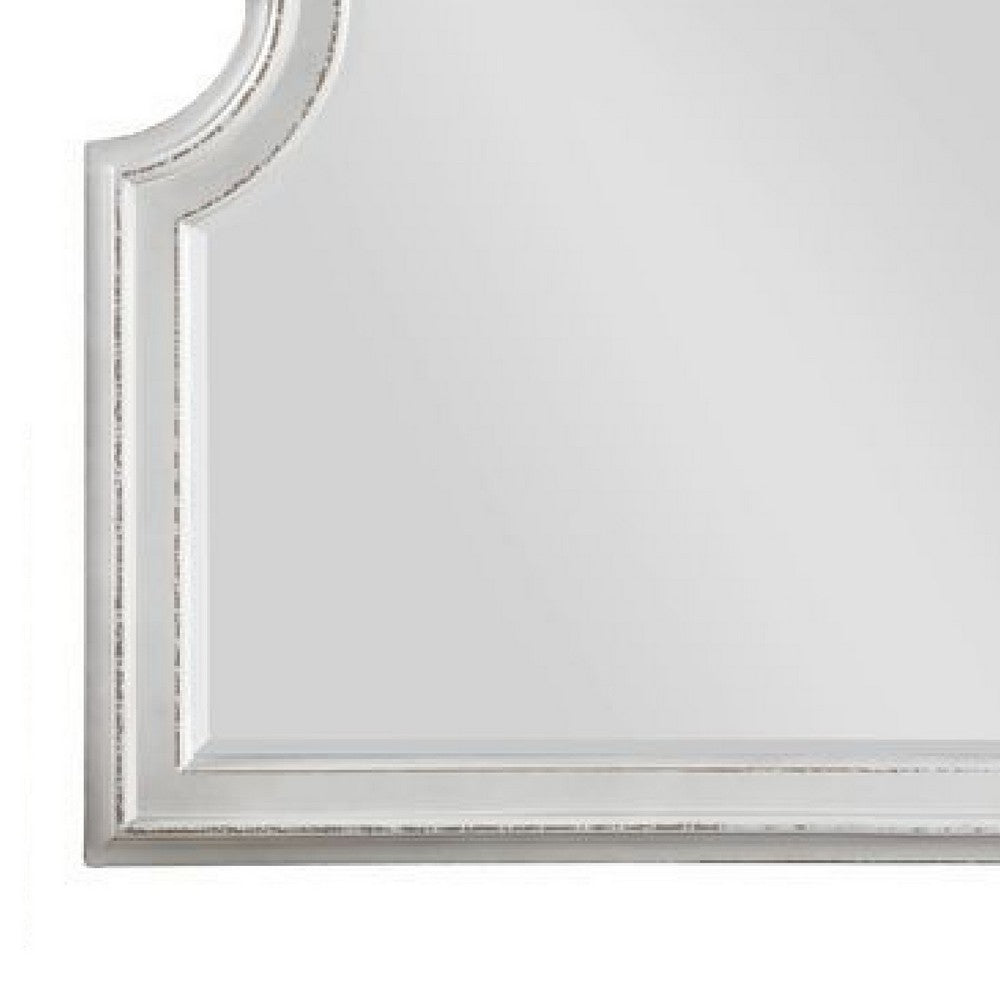 Fil 46 Inch Solid Wood Mirror, Arch Top, Scalloped, Antique White - BM275079