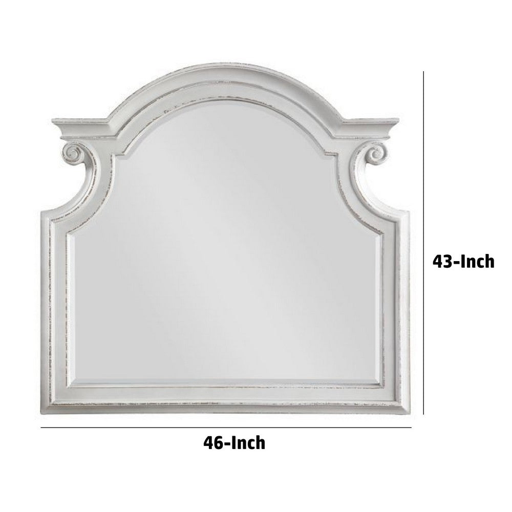Fil 46 Inch Solid Wood Mirror, Arch Top, Scalloped, Antique White - BM275079
