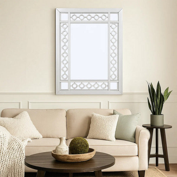 40 Inch Ornate Wood Mirror, Portrait, Round Cut Out Design, White - BM275088