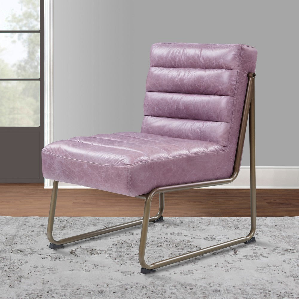 22 Inch Top Grain Leather Accent Chair, Metal Frame, Tufted Channel, Purple - BM275479
