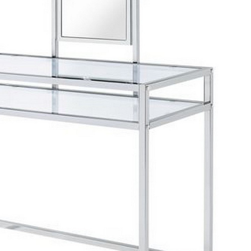 2 Piece Metal Vanity Set, Tempered Glass, Faux Fur Seat, 1 Shelf, Silver - BM275480