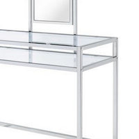 2 Piece Metal Vanity Set, Tempered Glass, Faux Fur Seat, 1 Shelf, Silver - BM275480