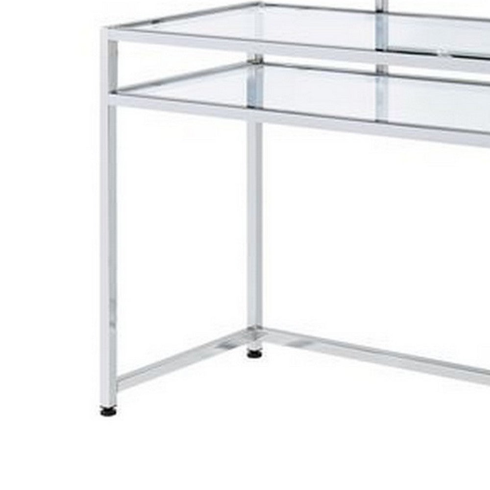 2 Piece Metal Vanity Set, Tempered Glass, Faux Fur Seat, 1 Shelf, Silver - BM275480