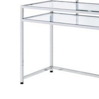 2 Piece Metal Vanity Set, Tempered Glass, Faux Fur Seat, 1 Shelf, Silver - BM275480