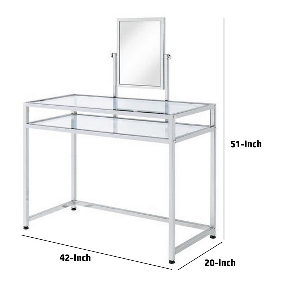 2 Piece Metal Vanity Set, Tempered Glass, Faux Fur Seat, 1 Shelf, Silver - BM275480