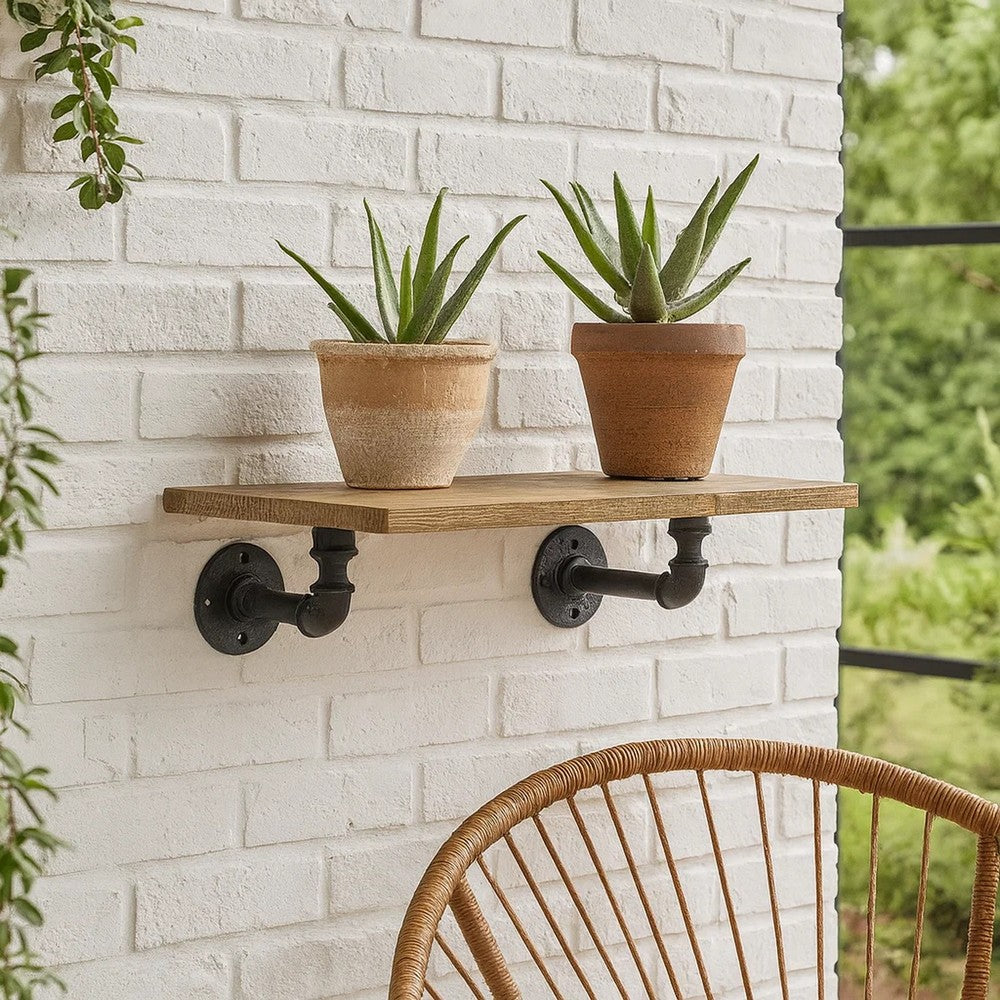 Ley 18 Inch Wood Wall Mount Shelf, Metal Pipe Design, Brown, Black - BM275481