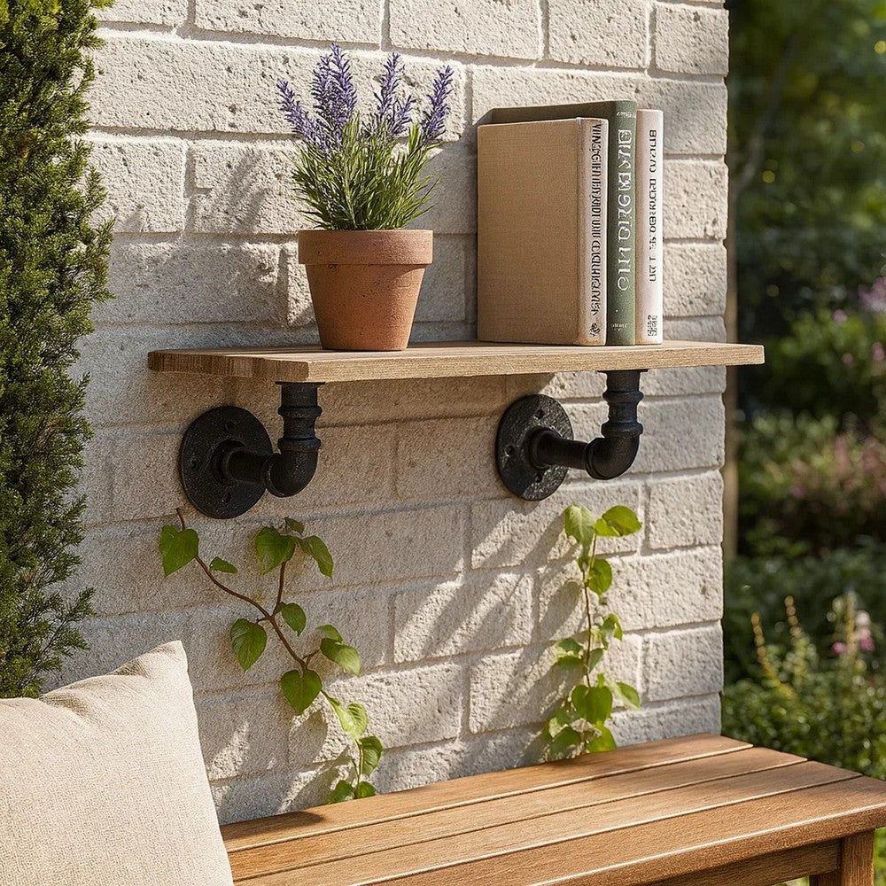 Ley 18 Inch Wood Wall Mount Shelf, Metal Pipe Design, Brown, Black - BM275481