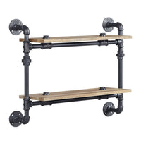 Ley 18 Inch Wood Wall Mount Double Shelf, Metal Pipe Design, Brown, Black - BM275482