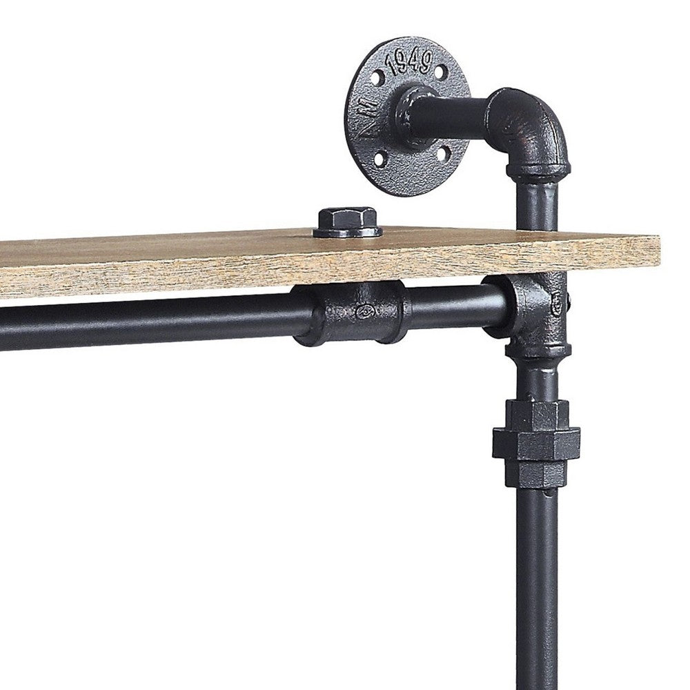 Ley 18 Inch Wood Wall Mount Double Shelf, Metal Pipe Design, Brown, Black - BM275482