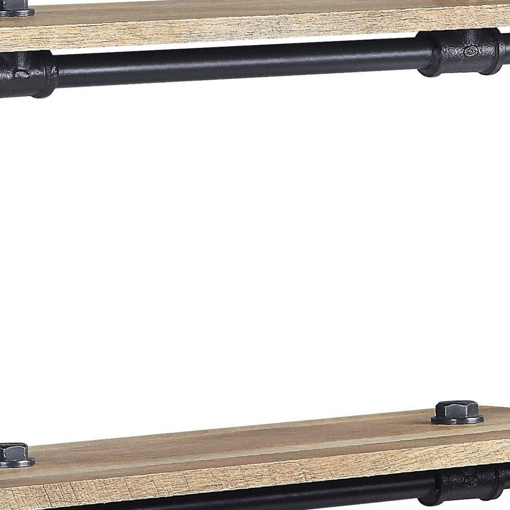 Ley 18 Inch Wood Wall Mount Double Shelf, Metal Pipe Design, Brown, Black - BM275482