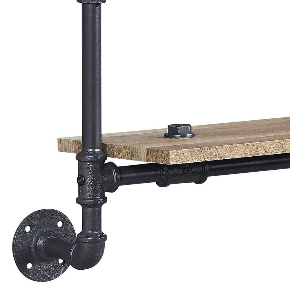 Ley 18 Inch Wood Wall Mount Double Shelf, Metal Pipe Design, Brown, Black - BM275482