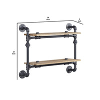 Ley 18 Inch Wood Wall Mount Double Shelf, Metal Pipe Design, Brown, Black - BM275482
