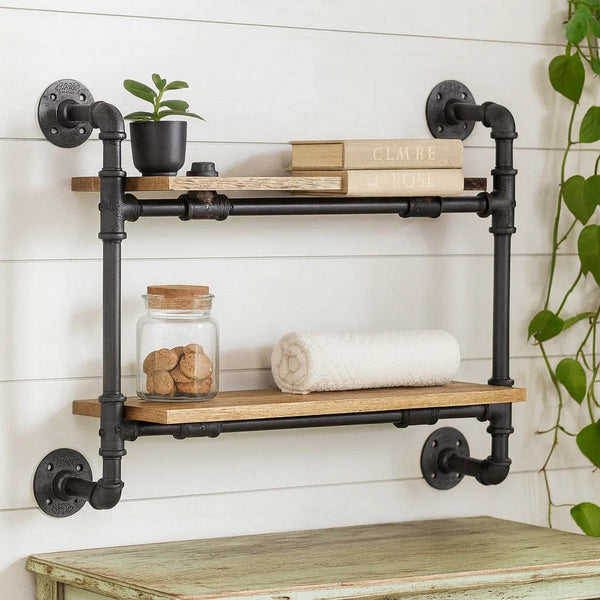 Ley 18 Inch Wood Wall Mount Double Shelf, Metal Pipe Design, Brown, Black - BM275482