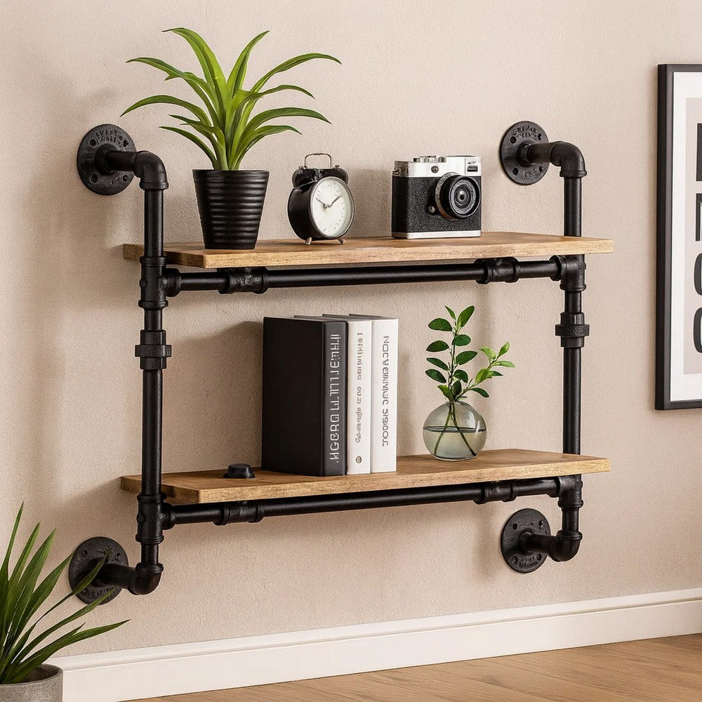 Ley 18 Inch Wood Wall Mount Double Shelf, Metal Pipe Design, Brown, Black - BM275482