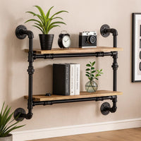 Ley 18 Inch Wood Wall Mount Double Shelf, Metal Pipe Design, Brown, Black - BM275482