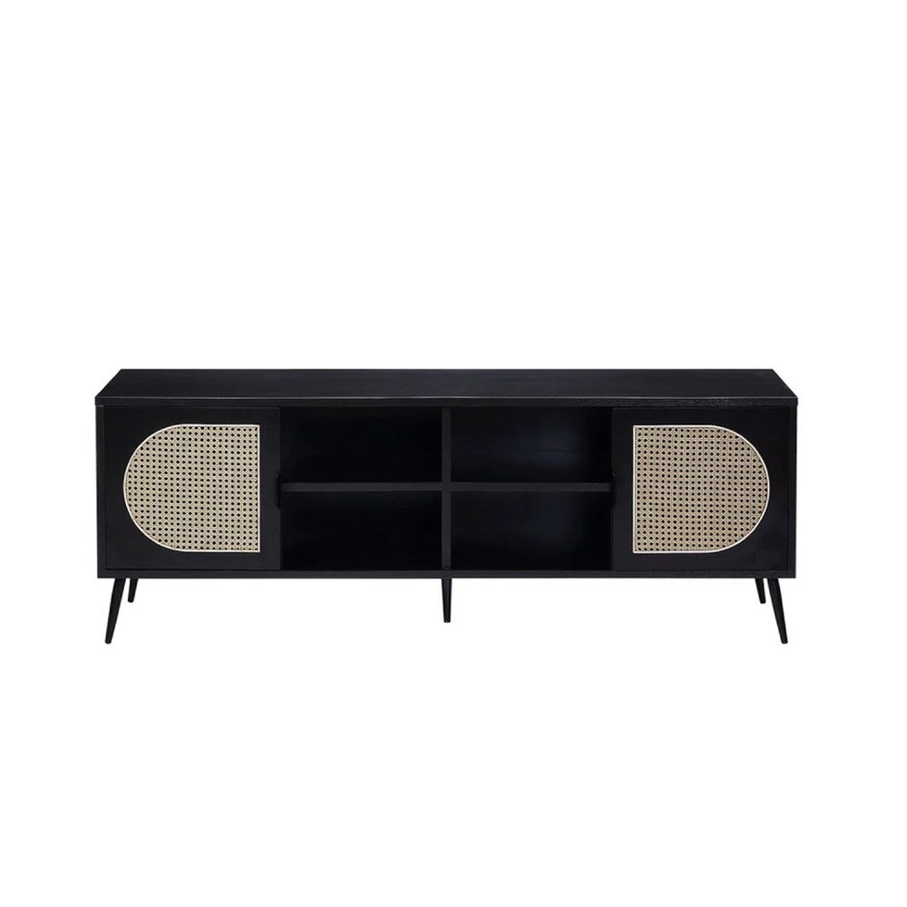 60 Inch TV Entertainment Center, Rattan Front 2 Cabinet, Metal Legs, Black - BM275490