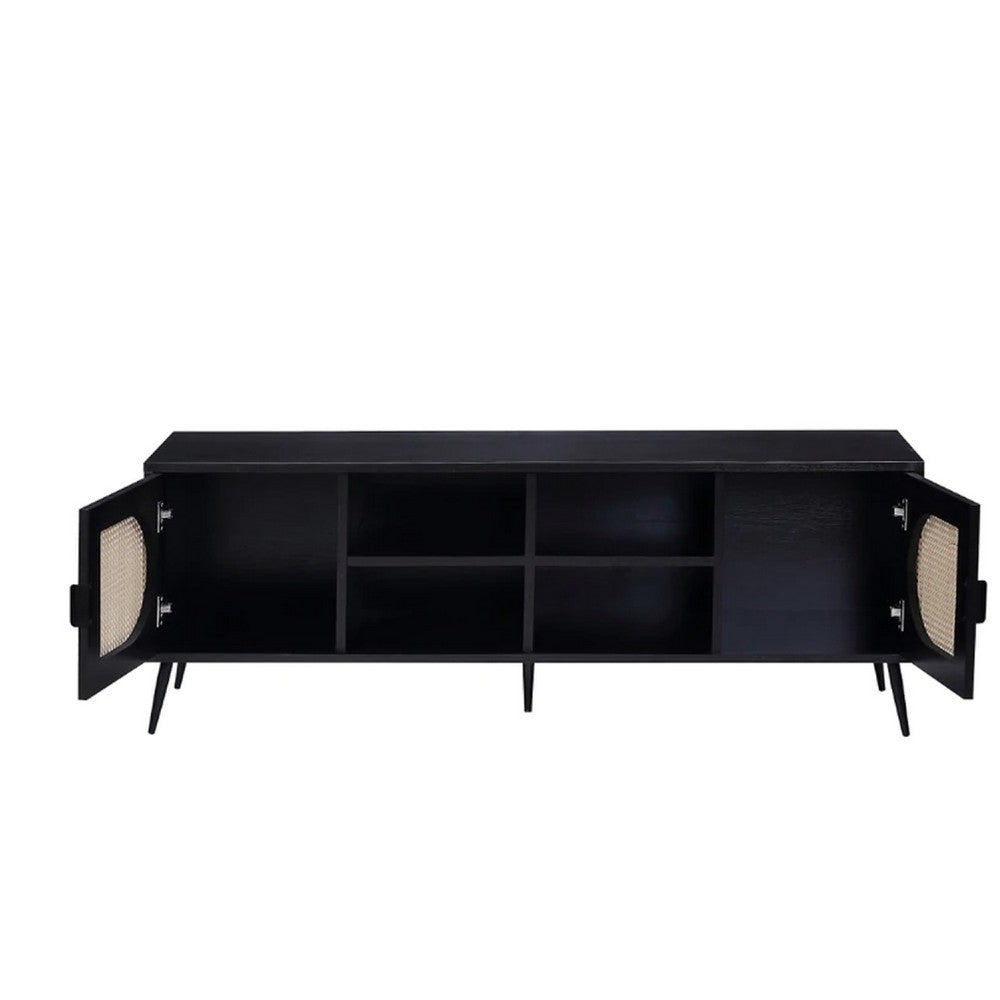 60 Inch TV Entertainment Center, Rattan Front 2 Cabinet, Metal Legs, Black - BM275490