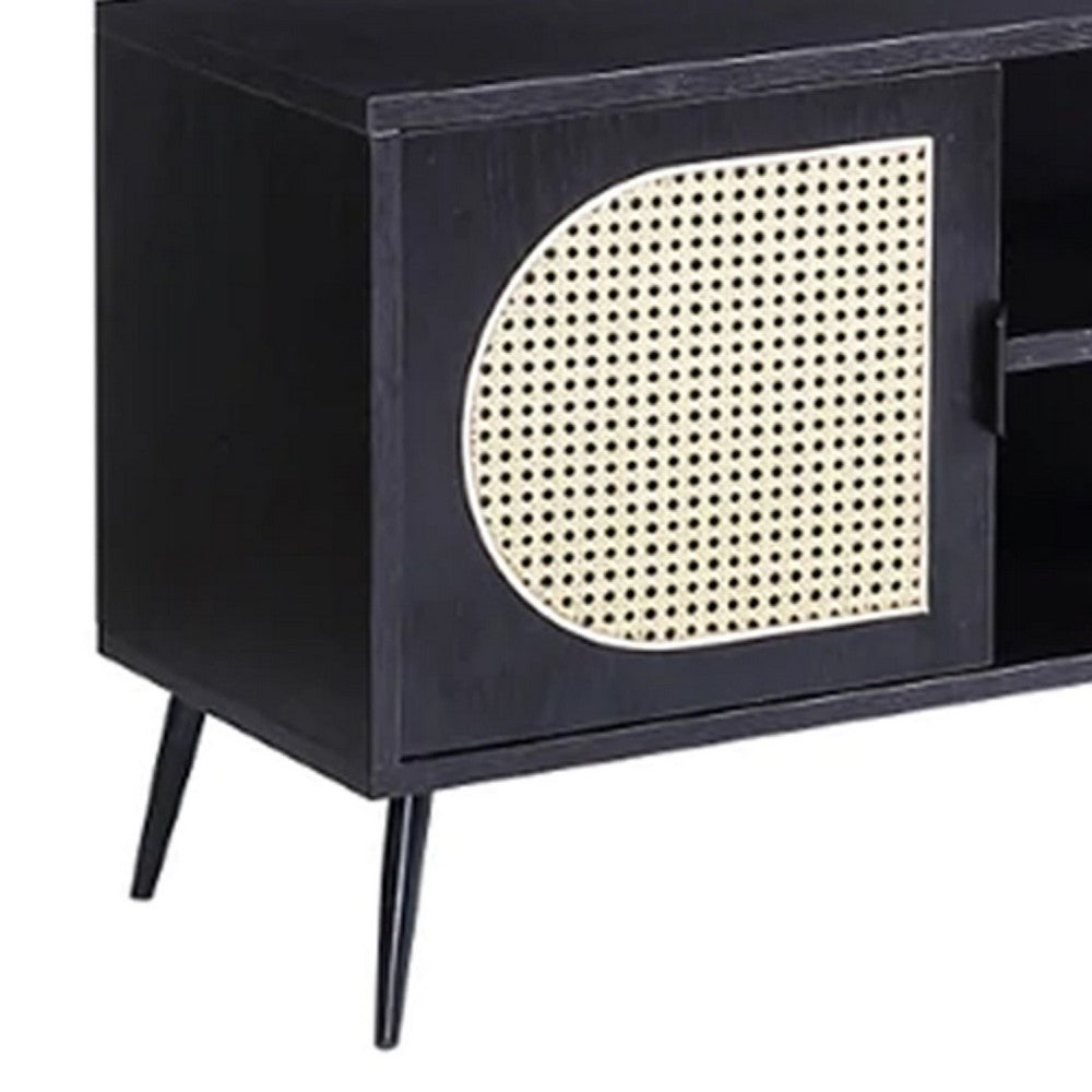 60 Inch TV Entertainment Center, Rattan Front 2 Cabinet, Metal Legs, Black - BM275490