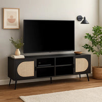 60 Inch TV Entertainment Center, Rattan Front 2 Cabinet, Metal Legs, Black - BM275490