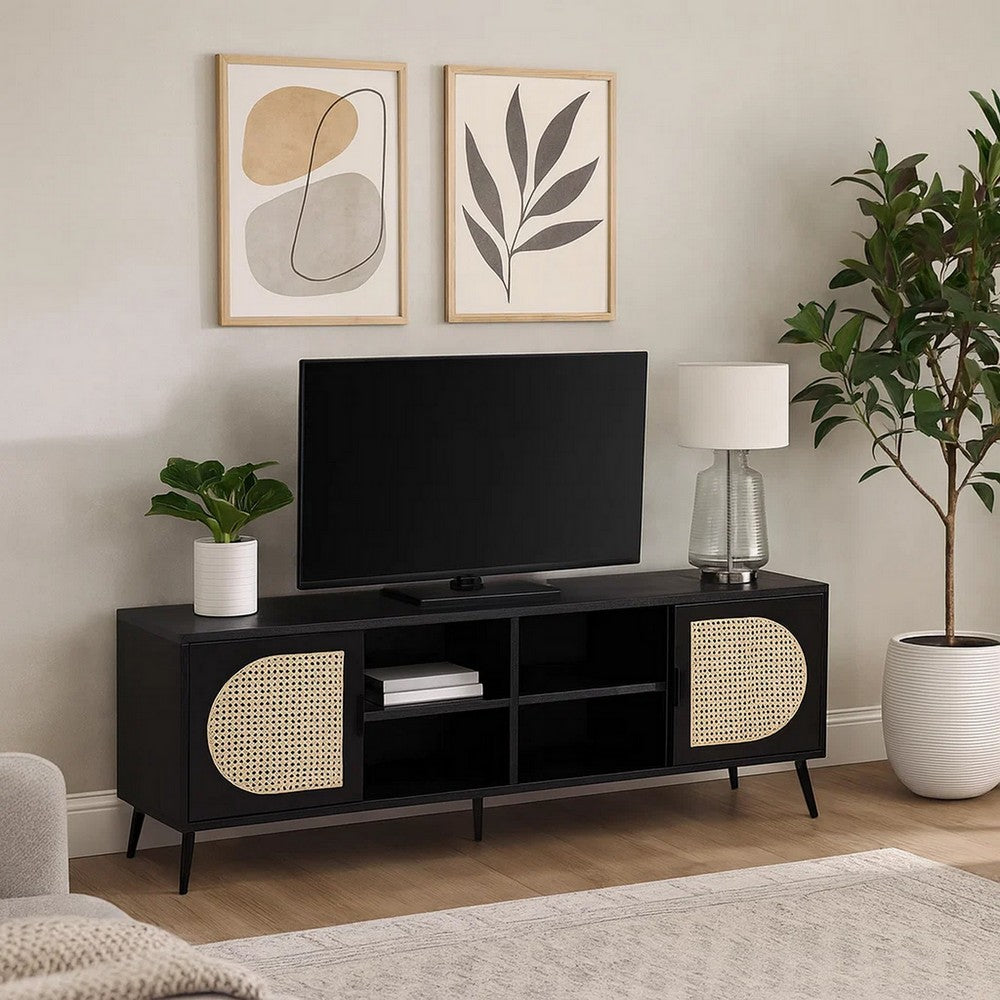 60 Inch TV Entertainment Center, Rattan Front 2 Cabinet, Metal Legs, Black - BM275490