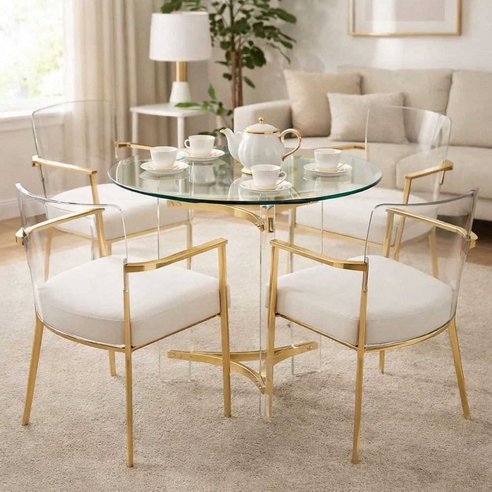 Hale 23 Inch Round End Table, Glass Top, Acrylic Legs, Clear, Gold - BM275492