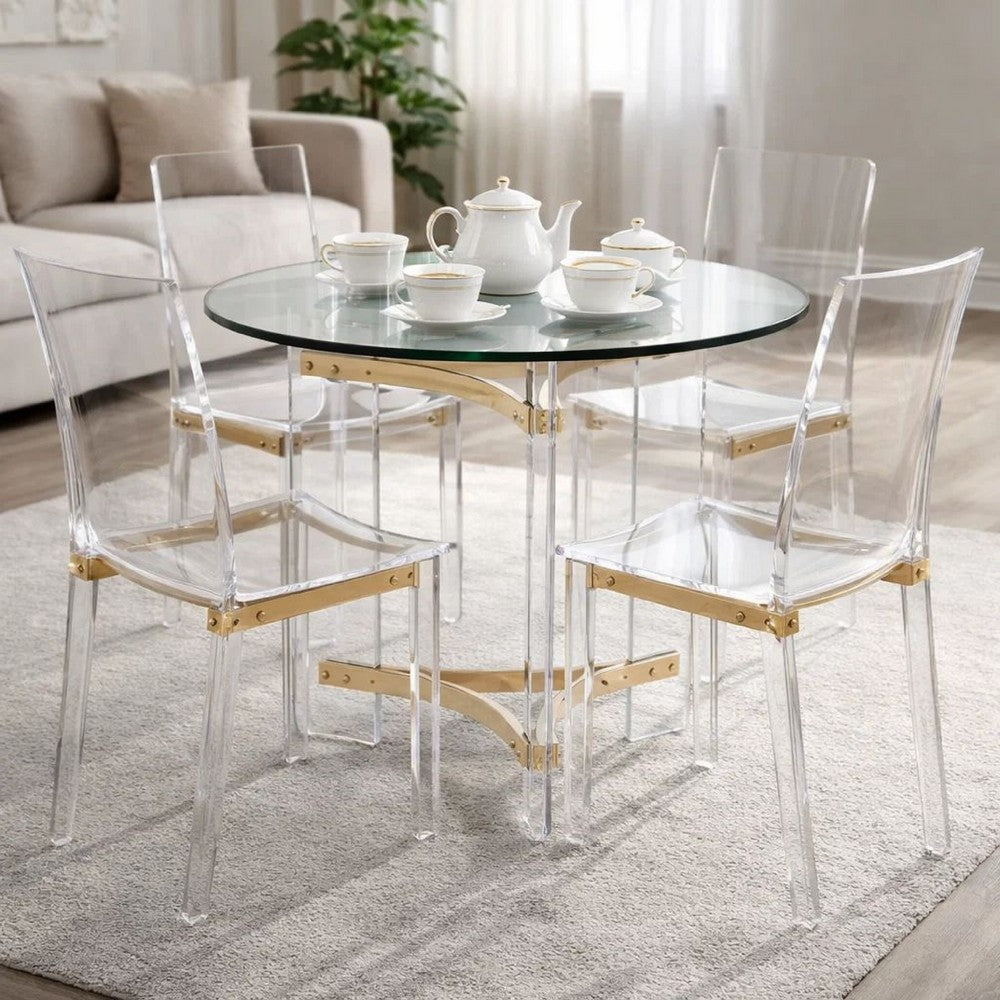 Hale 23 Inch Round End Table, Glass Top, Acrylic Legs, Clear, Gold - BM275492