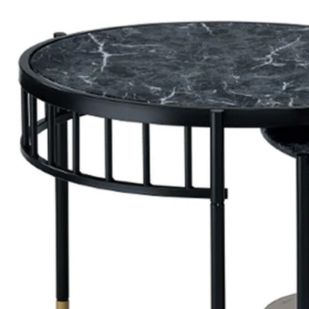 40 Inch 2 Piece Nesting Coffee Table, Faux Marble Top, Glass Shelf, Black - BM275495