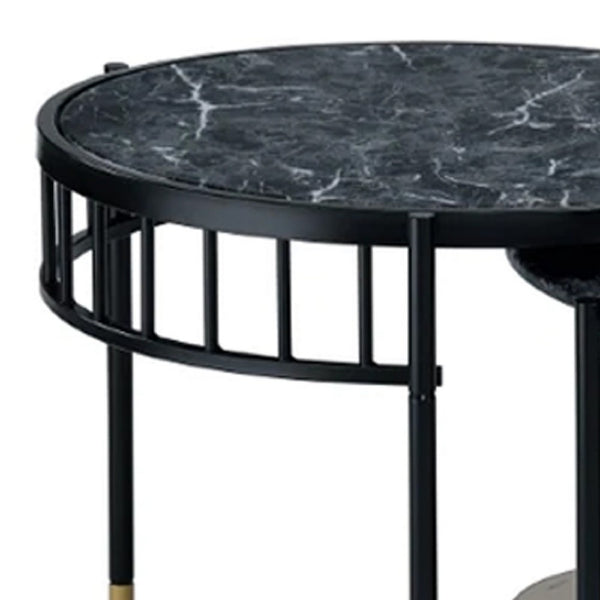 40 Inch 2 Piece Nesting Coffee Table, Faux Marble Top, Glass Shelf, Black - BM275495