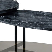40 Inch 2 Piece Nesting Coffee Table, Faux Marble Top, Glass Shelf, Black - BM275495