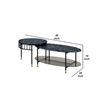 40 Inch 2 Piece Nesting Coffee Table, Faux Marble Top, Glass Shelf, Black - BM275495