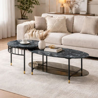 40 Inch 2 Piece Nesting Coffee Table, Faux Marble Top, Glass Shelf, Black - BM275495
