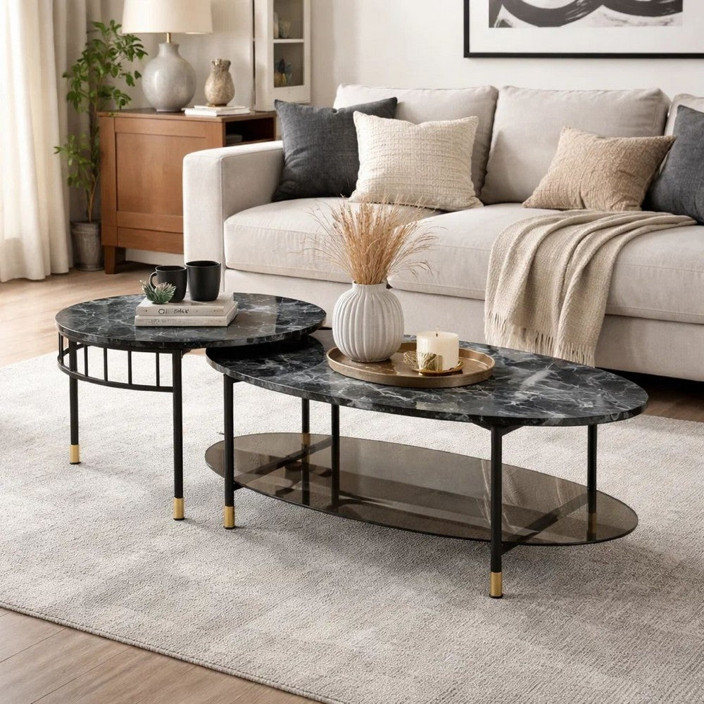 40 Inch 2 Piece Nesting Coffee Table, Faux Marble Top, Glass Shelf, Black - BM275495