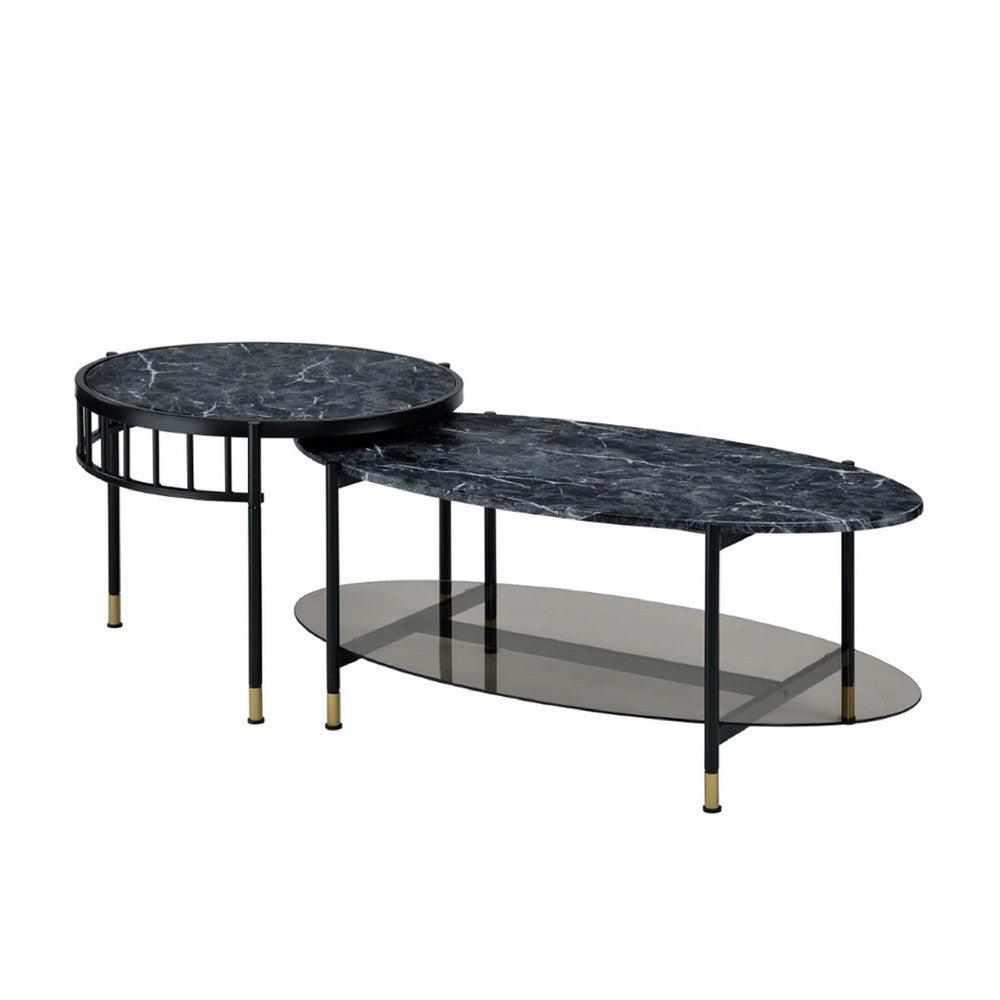 40 Inch 2 Piece Nesting Coffee Table, Faux Marble Top, Glass Shelf, Black - BM275495