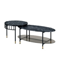 40 Inch 2 Piece Nesting Coffee Table, Faux Marble Top, Glass Shelf, Black - BM275495