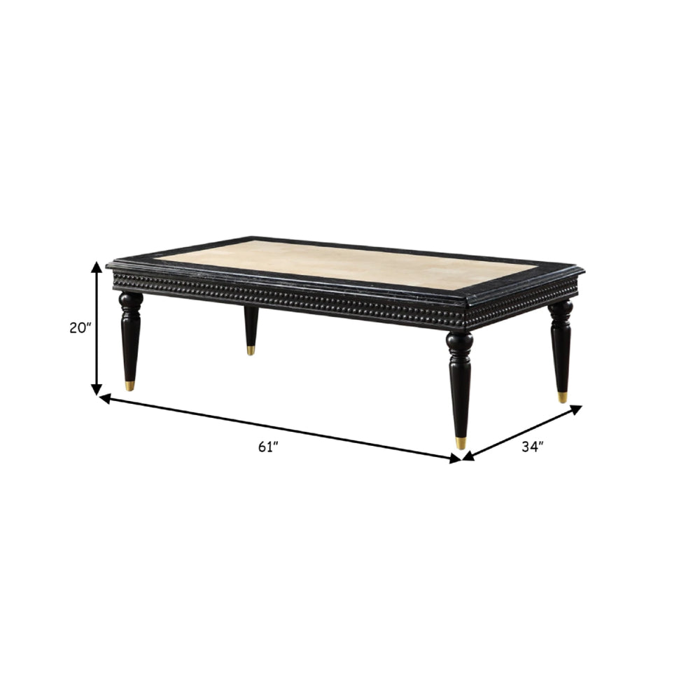 Mavi 61 Inch Rectangular Coffee Table, Marble Top, Beaded Apron, Black - BM275498