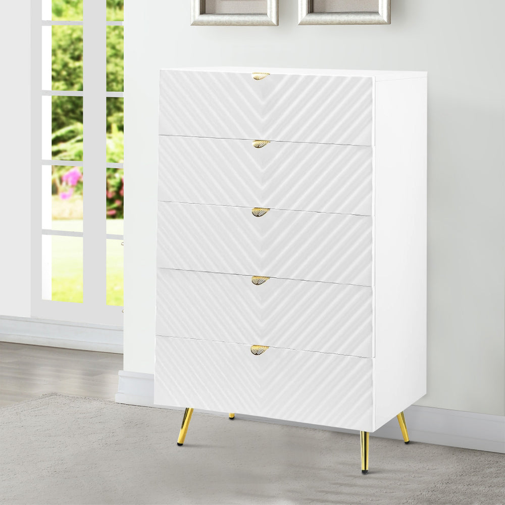 Tyra 49 Inch Wood Tall Dresser Chest, Wavy Design, Gold Metal Legs, White - BM275525