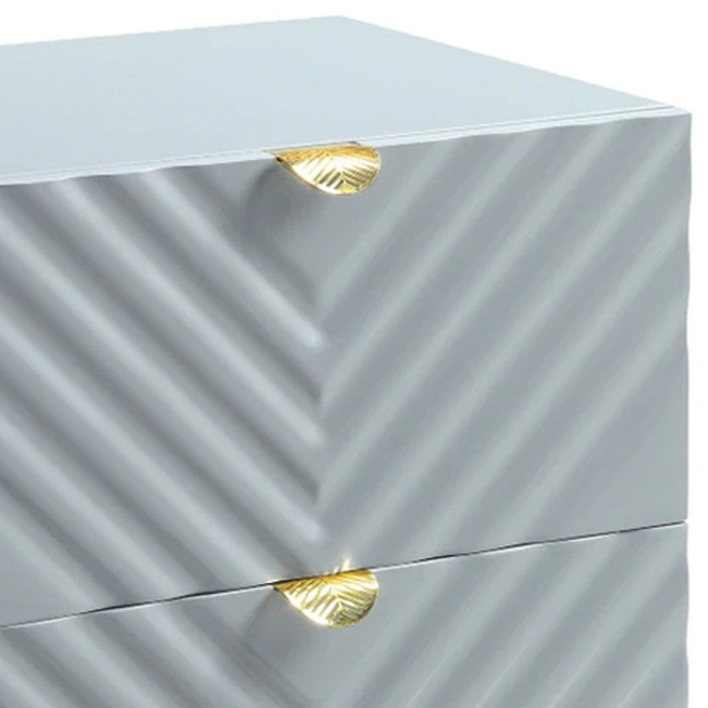 Tyra 25 Inch Wood Nightstand, Textured Wavy Design, Gold Metal Legs, Gray - BM275526