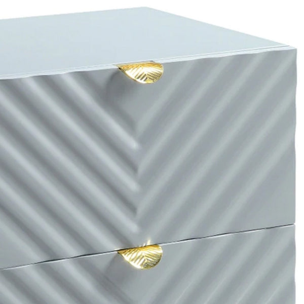 Tyra 25 Inch Wood Nightstand, Textured Wavy Design, Gold Metal Legs, Gray - BM275526